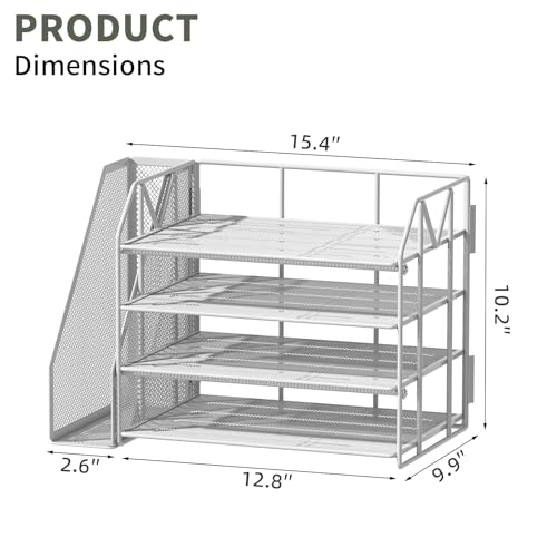 4-Tier Paper File Organizer with Drawer, Metal Desk Organizer, Tiered Paper Tray for Letter/A4 Files, Desktop Office Supplies Storage Rack, White - color: 4-Tier White with Bookend