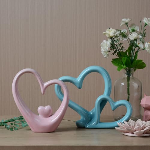 HAUCOZE Double Heart Statue Figurine Love Gifts Decor Modern Sculpture Bookshelf Arts Table Centerpiece Statue Ceramic Crafts 9.5 inch