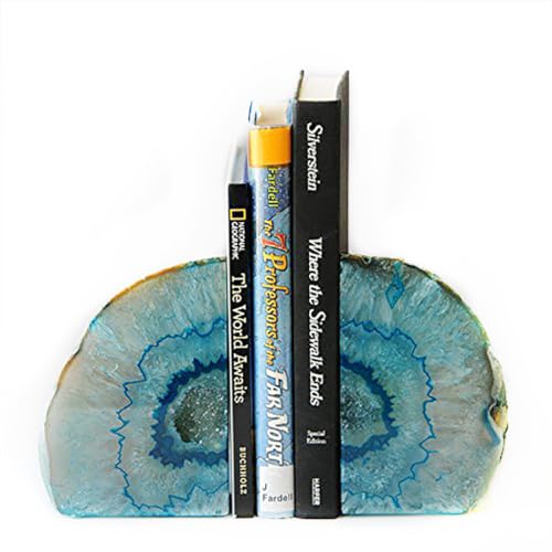 JIC Gem Teal Agate Bookends Heavy Duty Book Ends for Shelves Geode Book Ends with Rubber Bumpers for Office Décor and Home Decoration(1 Pair, 2-3 LBS) - color: Green Dyed, size: 2-3LBS.