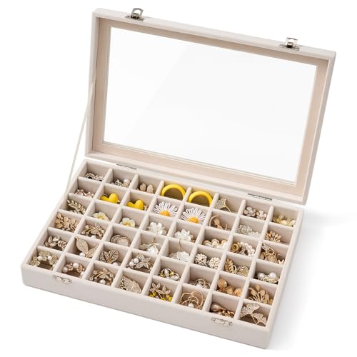 48 Grid Earring Organizer and Storage: Velvet Jewelry Tray with Lid, Jewelry Box for Studs, Earrings, Rings, Necklaces, Dresser & Vanity, Earrings Case for Girls, Women, 13"x8.6"x2.4", Beige - color: Beige