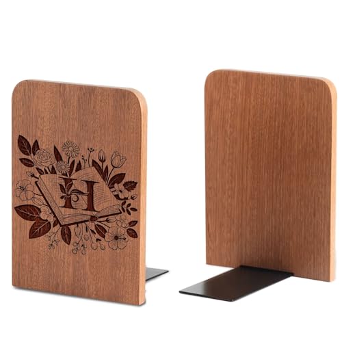 Wood Bookends, Book Ends for Shelves with Decorative Alphabet A and Z Design - Heavy Duty Iron & Ebony Wood Book Ends for Shelves Bookcase Desk - 1 Pair - H - color: H