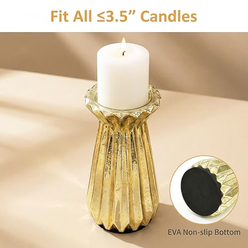 Home Decor, Mercury Glass Pillar Candle Pedestal Holders with 10 Led Lights, Lighted up Candle Holder for Pillar Candle, Candlestick Holders with Timer for Wedding Home Dining Table Xmas (Gold) - color: Gold