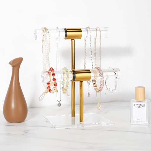 Necklace Holder Bracelet Holder, 2-Tier Acrylic Jewelry Display Stand Gold Jewelry Tower Stand Crystal T Bar Jewelry Organizer Gift for Women(2-Tier 1pc) - style: 2-Tier 1pc
