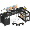 AODK 55 inch L Shaped Computer Desk with Drawers, Reversible Computer Desk with Storage Shelves, Home Office Desk with Built-in Power Outlet, Black - color: Black, size: 55 Inch