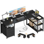 AODK 55 inch L Shaped Computer Desk with Drawers, Reversible Computer Desk with Storage Shelves, Home Office Desk with Built-in Power Outlet, Black - color: Black, size: 55 Inch