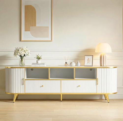 70 inch Fluted TV Stand, Luxury Modern TV Console & Media Entertainment Center for Living Room with Curved Profile, 2 Drawers, Storage Cabinet, and LED Lights, White, Holds TVs Up to 80"
