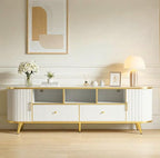 70 inch Fluted TV Stand, Luxury Modern TV Console & Media Entertainment Center for Living Room with Curved Profile, 2 Drawers, Storage Cabinet, and LED Lights, White, Holds TVs Up to 80"