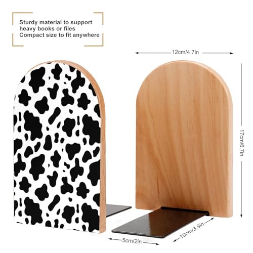 Wooden Bookends 2 Pcs,Black and White Cow Print Heavy Duty Office Book Ends Anti Slip Book Shelf Holder with Metal Base Decorative Book Stands - color: Black and White Cow Print