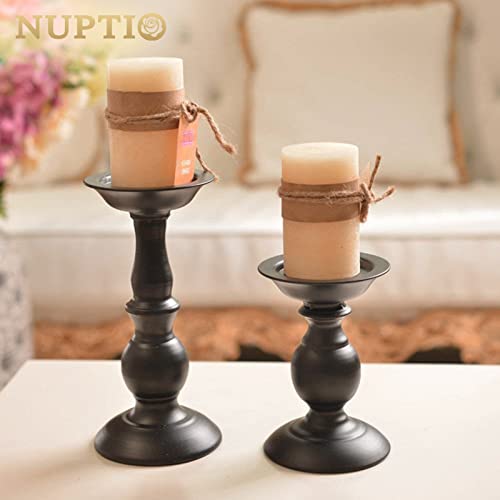 Nuptio Black Candle Holder for Pillar Candles - 2 Pcs Rustic Candle Holders Set Metal Candle Stand Tall Retro Fall Pillar Candleholder for Halloween Easter Farmhouse Fireplace Home Table Centerpiece - color: Black, size: S + L