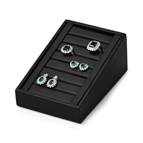Oirlv Premium PU Leather Ring Tray Display Stand Slotted Ring Showcase Display Jewelry Organizer Jewelry Holder for Trade Show(Black) - color: Leather black