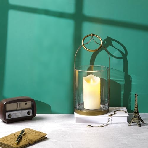 6" Wide Handmade Sturdy Glass Cylinder Jar with Metal Stand in Antique Brass, Display Glass Container for Candles and Plants, Hurricane Lantern, Candle Holder, Industrial, Farmhouse, Outdoor - size: 6"x15"