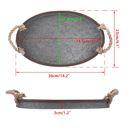 Hipiwe Galvanized Metal Iron Oval Tray with Rope Handle Farmhouse Serving Tray Rustic Industrial Decorative Centerpiece for Coffee Table Weddings and Parties Decor,Small - size: 14.2" x 9.1" x 1.2"