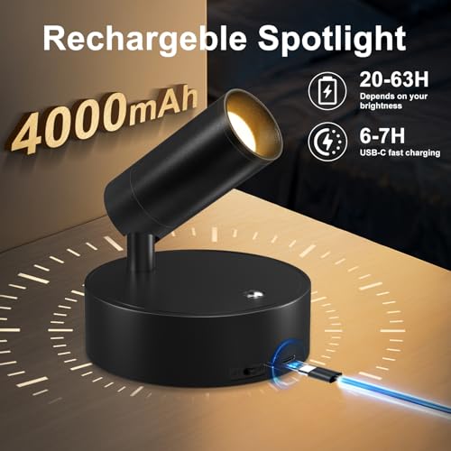 Kimjo Spot Lights Indoor, 4000mAh Rechargeable Battery LED Spotlight Indoor with Remote, Wireless Picture Lights with Timer Dimmable, Uplighting for Plant, Wall Art Display (2 Pack) - color: Black-1