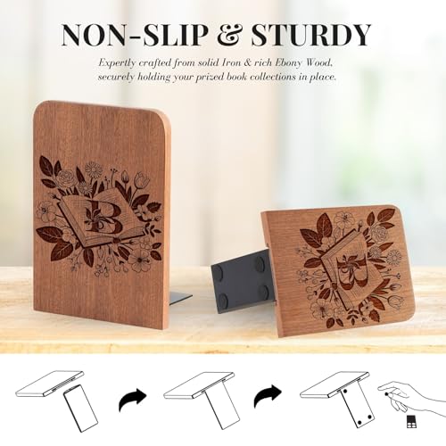Wood Bookends, Book Ends for Shelves with Decorative Alphabet A and Z Design - Heavy Duty Iron & Ebony Wood Book Ends for Shelves Bookcase Desk - 1 Pair - B - color: B