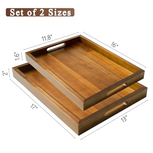 2 Sizes Acacia Wood Serving Tray with Handles, 17x13 & 16x12 inch Rectangular Ottoman Trays, Decorative Wooden Tray for Food, Drinks, Coffee Table, Living Room, Kitchen, Brown, 2 Pack
