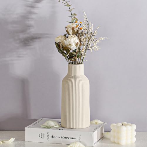 Bohemian Beige Ceramic Vase - for Pampas Grass, Mantel, Bookshelf, Entryway and Living Room Decor (Beige, 8in) - color: Beige, size: 8in