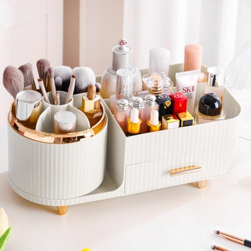 Rotating Makeup Organizer for Vanity with Brush Holder and Drawer, Cosmetic Makeup Storage, Large Spinning Makeup Skincare Organizer, Countertop Makeup Perfume Organizer, Lotions Display Case (White) - color: With Drawer-White