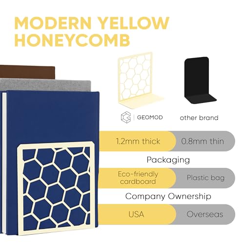 GEOMOD Geometric Honeycomb Yellow Metal Bookends Decorative - Tall Sturdy Book Ends for Shelves - Modern Heavy Duty Bookend Stopper - Office or Home Book Shelf - 6x3.25x6.25 Inches - 1 Pair - color: Yellow, size: 1 Pair, style: Honeycomb