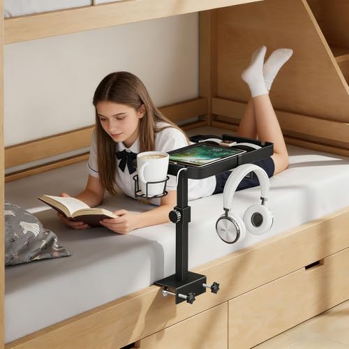 Snughome Clamp On Bedside Shelf for Bunk Bed - Adjustable Height Bedside Table Tray with Cup Holder & Cable Holes, Sturdy Nightstand Organizer Top Bunk Bed Accessories for College Dorm Apartment