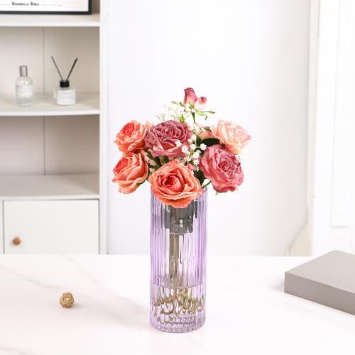 Purple Glass Vase for Flowers, Ribbed Glass Vase for Tulips, Modern Purple Vases, Tall Cylinder Glass Vases for Living Room, Bedroom, Dining Table, Office, Wedding, Bookshelf, 10 Inches - color: Purple, size: 10''