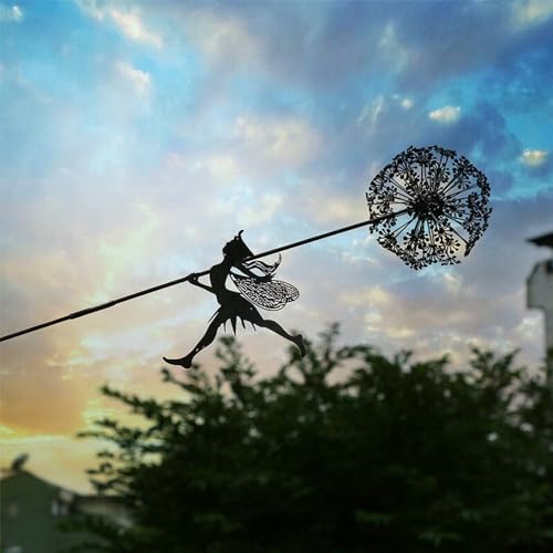 Fcteap Flower Fairy Dancing with Dandelion Garden Art Sculpture Stainless Steel Statue Christmas Halloween Decoration for Outdoor Yard Courtyard Lawn Patio Metal Ornaments (Long Travel) - style: Long Travel