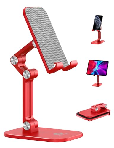 OCYCLONE Phone Stand, Adjustable Height and Angle Foldable Cell Phone Stand Holder for Desk, Taller iPhone Stand Compatible with 4.7"-13" Smartphones iPad Tablet, Red - color: Red