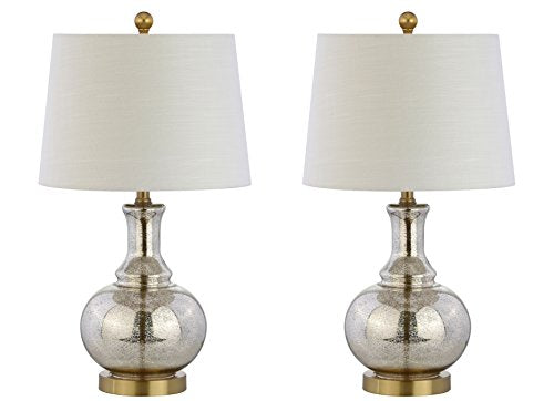JONATHAN Y 25" Mercury Silver and Brass Gold Glass Table Lamp Set of 2 for Bedroom, Modern Bedside Lamp for Living Room Nightstand, White Linen Drum Shade, LED Bulb Included JYL1068A-SET2 - color: Mercury Silver