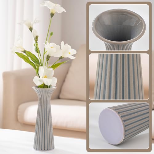 7.68” Vintage Blue Ribbed Ceramic Vase, Small Rustic Farmhouse Vase for Pampas Grass, Centerpiece, Coffee Table, Kitchen, Office & Home Decor - color: Rustic Blue