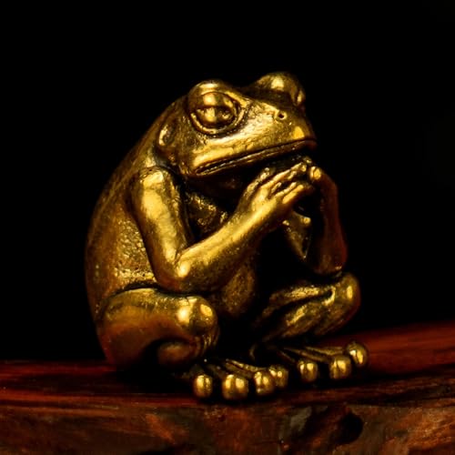 100% Solid Brass Meditating Frog Statue - Retro Desktop Decor Collectible Figurines for Oddities and Curiosities Unique Desk Ornament and Home Decor Art Piece Vintage Crafts for Office or Living Space - color: Pensive Frog