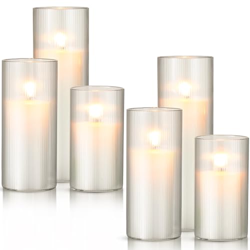 12 Pcs Wedding Pillar Candles and Ribbed Glass Candle Holder Vases Tall Cylinder Holders for Pillar Candle Clear Ribbed Bud Vase for Wedding Table Centerpiece, Total 6 Sets