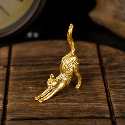 CHOVY Retro Seductive Cat Sculpture-Elegant Stretched Pose 100% Solid Brass Handcrafted - Ideal Home Decor Desk Ornament Collectible Art Piece Office Accent Artistic Scene Decoration - style: Seductive Cat