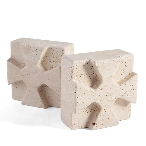 Decorative Square Marble Bookends for Heavy Books – Unique Book Ends for Shelves – Modern Aesthetic Book Holder/Stopper with Non-Slip Pads for Chic Home, Office, or Library Decor(Travertino Turkey) - style: Square-Beige