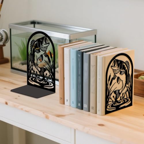 Peacoblue Metal Bookends for Shelves, Modern Decorative Heavy Duty Study Book Ends Stoppers for Office, Desk, Shelf, Room 5.3"x4.3"x7.9" Cast Iron Simple Tall Bookends 1 Pair (Fish) - style: Fish