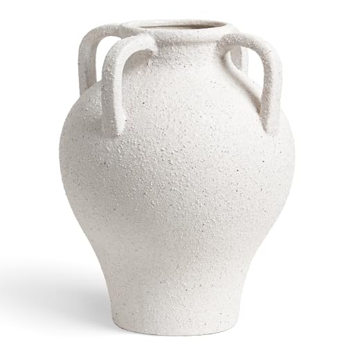 Large White Ceramic Vase - 10.8 Inch Rustic Farmhouse Vase with Handles for Home Decor, Vintage Tall Vases for Living Room, Table, Bathroom, Holiday & Weddings (Rock Sand White) - color: Rock Sand White-10.8"