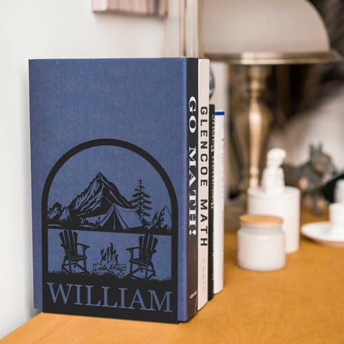 Personalized Name Metal Book Ends 2 Pcs, Modern Bookends for Shelves, Book Stopper for Heavy Books, Camping Bookshelf Decor, Book Organizer for Desk, Book Holders for Home Office, Gifts for Camper - color: Color03 Camping