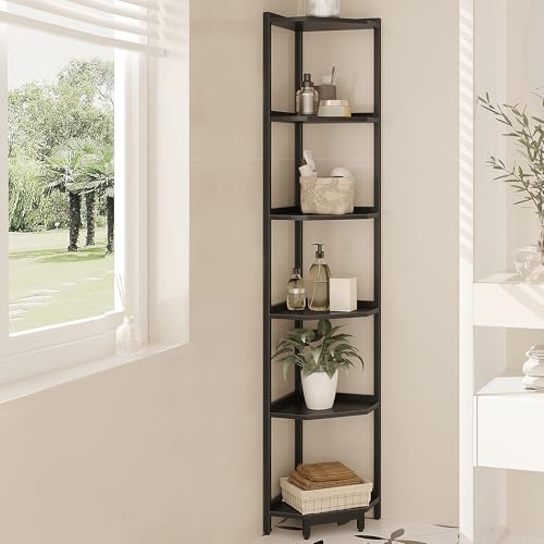 Hzuaneri Corner Shelf Stand, Corner Bookshelf, Storage Standing Shelf Unit with Metal Frame, Plant Stand, Bookcase for Living Room, Home Office, Bedroom, 6-Tier Black CS06006B - color: Black, size: 6 Tier