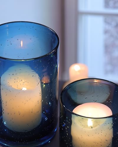 Hurricane Candle Holder Set of 3 Blue Candle Holders for Pillar Candles, Seeded Bubbles Glass Candle Holder, Blue Glass Cylinder Vases for Table Centerpieces, Home, Patio and Wedding 8" 4.7" 3.5" - color: Blue, size: Medium