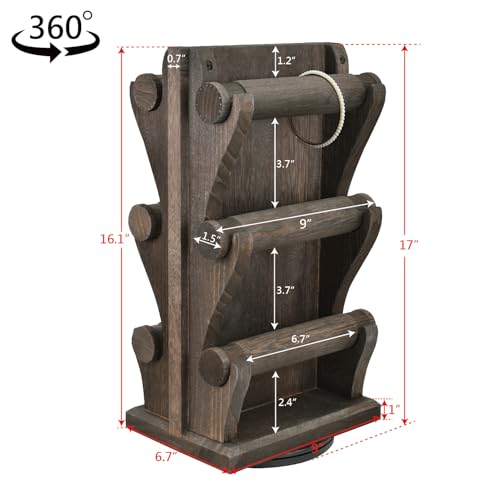 Ikee Design Two-Sided Rotating Wooden Jewelry Bracelet Display Stand-6 Removable Holders, 3 Tier Bar Bangle Organizer-Perfect for Bracelets and Jewelry Display, Dark Brown Color - color: 2) Dark Brown, 6 Bars
