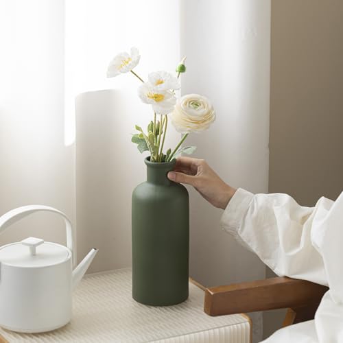 Green Ceramic Vase for Flowers, Modern Decorative, 10 Inch Tall, 4 Inch Width, Farmhouse Style Home Decor for Pampas Grass, Living Room, Dining Table, Office Decor, Kitchen Shelf (Mattte Green) - color: Mattte Green