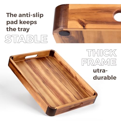 17 x 13 Inch Acacia Wood Serving Tray with Handles, Decorative Wooden Tray Featuring Dark Walnut-Tone Curved Corner Accents for Coffee Table, Ottoman & Kitchen Counter... - color: Tray 17"x13"x2.5"