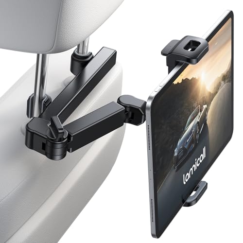 Lamicall Car Headrest Tablet Holder - [3 in 1 Extension Arm] Adjustable Tablet Car Mount for Back Seat, Gifts Road Trip Essentials for Kids, for 4.7-11" Device Like iPad Pro, Air, Mini, Galaxy, Fire - color: Black