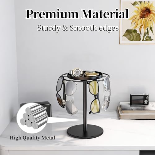LSK Metal Sunglasses Organizer, Glasses Holder Stand with Storage Tray, Eyeglasses Holder with Anti-Slip Pads for Tabletop, Desk, Dresser, Matte Black