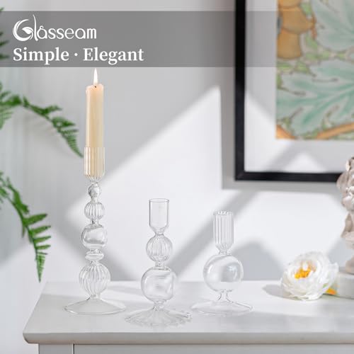 Glasseam Glass Candle Stick Holder: Clear Taper Candle Holders Set of 3 Modern Candlestick Holders for Taper Candles Decorative Candle Holders for Table Centerpiece Wedding Party Christmas Decorations - color: Clear