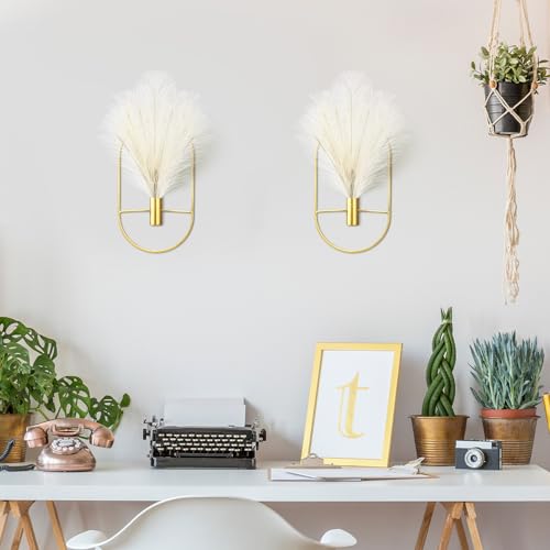 Peryiter 2 Pcs Boho Wall Decor Metal Gold Wall Art Hanging Planters with Artificial Pampas Modern Home Decor Display Art for Living Room Bedroom Bathroom(Oval) - style: Oval