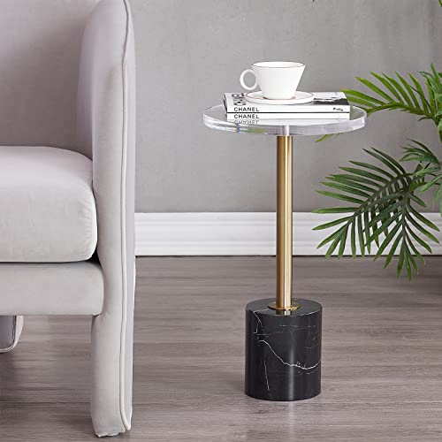 LIKENOW Furniture Acrylic Side Table,Clear Small Round End Table for Living Room,Bedroom,Office | Modern Nightstand with Marble Base,Gold Post,Clear Top for Drink,Food,Snack,Assembly(Black) - color: Black