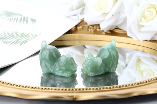 2" Green Aventurine Cat Figurine Decor Crystal Statue Carved Home Room Decor Figurines for Natural Lazy Gemstones Sculpture Handcrafted Healing Stone Office Spiritual Gifts for Cat Lovers - color: Green-aventurine