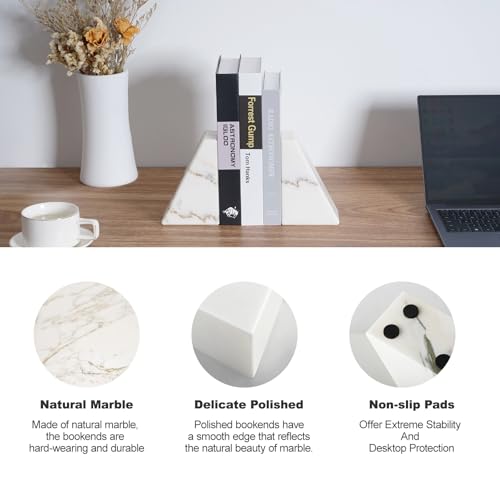 Marble Book Ends White, Heavy Duty Book Ends for Shelves, Decorative Natural Book Stopper，Unique Decorative Bookend for Home Shelves Calacatta Natural Marble Bookend, Set of 2 - color: Calacatta