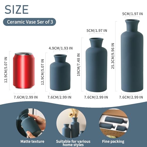 Ceramic Vase Set of 3, Neutral Modern Vases Home Decor Boho Vase Farmhouse Decor Flowers Pampas Vases for Table Mantel Entryway Shelf Living Room Kitchen Bathroom - Navy Blue - color: 007-navy Blue