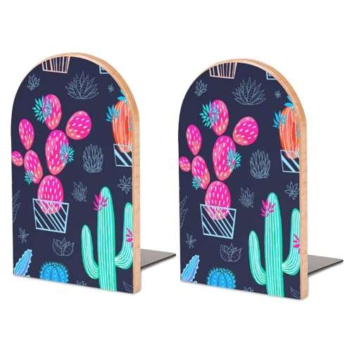 Wooden Bookends 2 Pcs,Abstract and Colorful Cactus Plants Heavy Duty Office Book Ends Anti Slip Book Shelf Holder with Metal Base Decorative Book Stands - color: Abstract and Colorful Cactus Plants