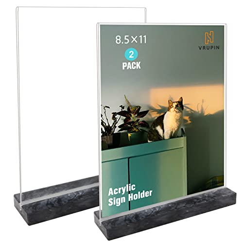 vrupin 2 Pack 8.5x11 Acrylic Sign Holder, Acrylic Frame Natural Marble Base, Clear Plastic Sign Holder Picture Photo Frames, Flyer Document Paper Display Stand for Office Desktop (black marble)